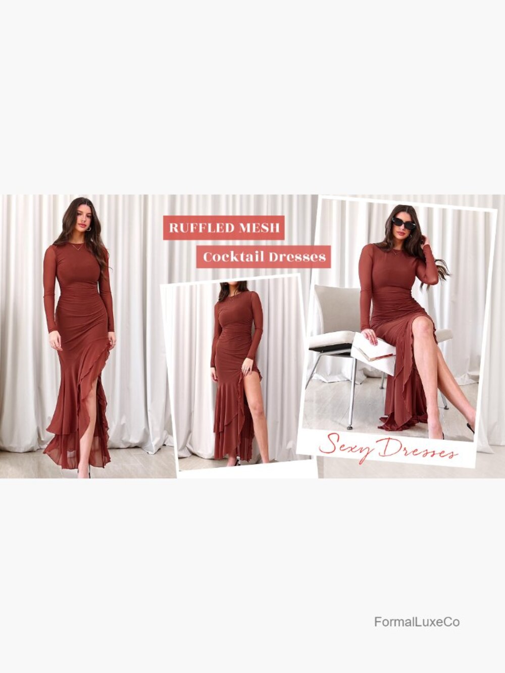 Elegant Long Sleeve Ruched Mermaid Maxi Dress Cocktail Wedding Guest - Picture 7 of 7